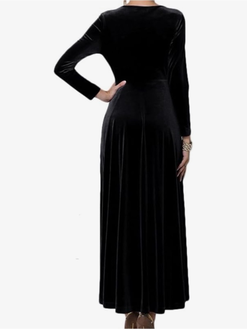 Urban Coco Elegant Black Velvet Long Sleeve V-Neck Maxi Dress Sz M Stretchy - Picture 2 of 11
